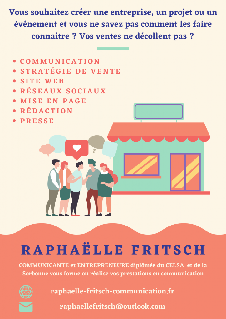 Flyer présentant mes activités freelance de communication pour les entreprises : création de site web, réseaux sociaux, rédaction, presse, stratégie de vente...